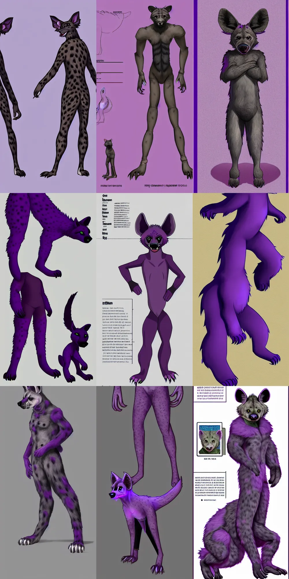 Image similar to a full - body centered front - perspective furry reference sheet, a male hyena fursona, purple and black color scheme, trending on weasyl, high - resolution, photorealistic