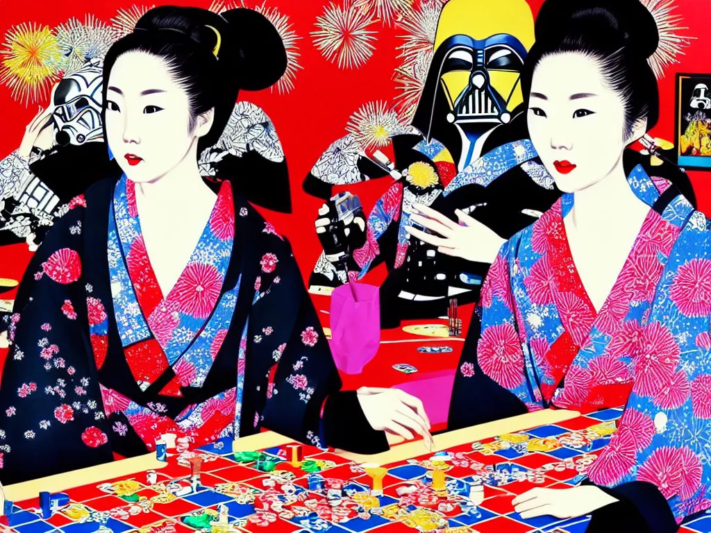 Image similar to hyperrealistic composition of the detailed woman in a japanese kimono sitting at a poker table with detailed darth vader, fireworks, mount fuji on the background, pop - art style, jacky tsai style, andy warhol style, acrylic on canvas