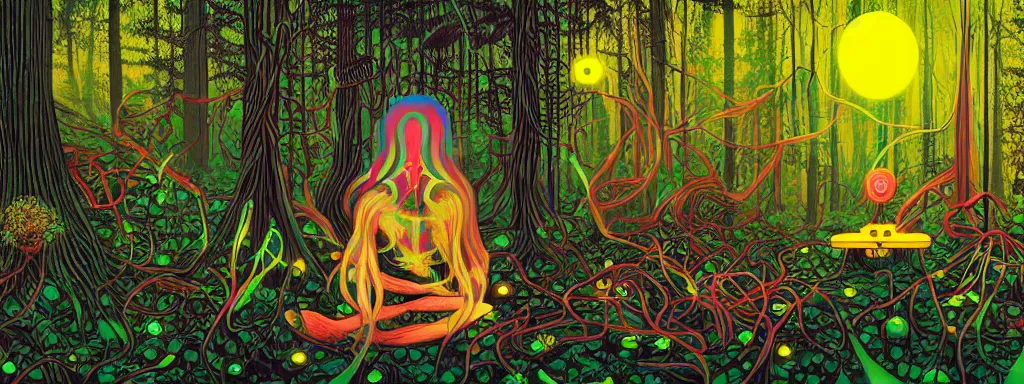 Prompt: a technogaianist long-haired blonde digital musician playing modular synthesizer in the forest, technology and nature in harmony, postmodern surrealist psychedelic concert poster, grainy, hand drawn matte painting by Tara McPherson and Gary Houston, smooth, sharp focus, extremely detailed.