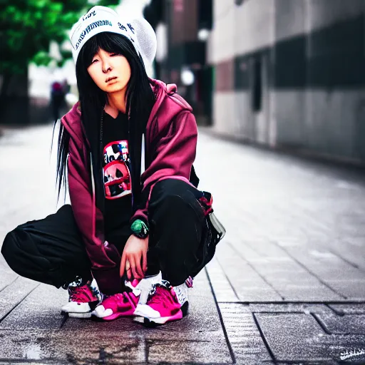 Image similar to photographic portrait of a streetwear anime girl crouched next to a dumpster, closeup, sigma 85mm f/1.4, 4k, depth of field, high resolution, 4k, 8k, hd, full color