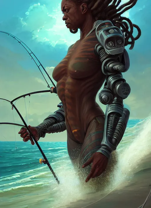 Image similar to portrait of a jamaican fisherman sci - fi fishing armor muscular cyberpunk dreadlocks intricate elegant highly detailed digital painting artstation concept art, ocean splashing background, greg rutkowski, loish, rhads, ferdinand knab, makoto shinkai and lois van baarle, ilya kuvshinov, rossdraws, tom bagshaw