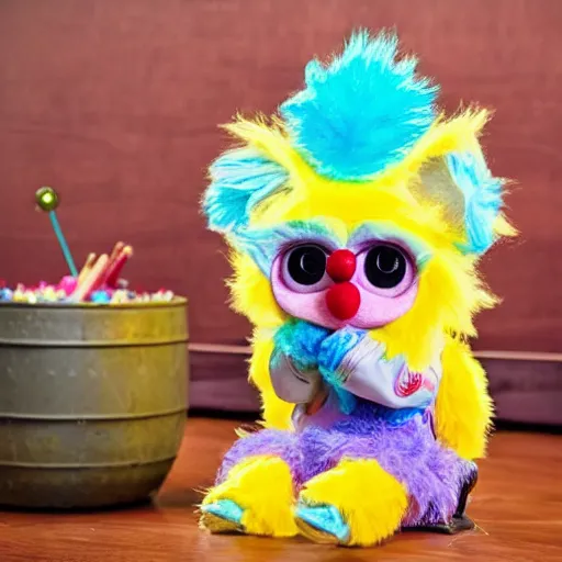 Prompt: an adorable fluffy furby muppet plush character with big gremlin ears and funfetti cake coloring wearing a little clown outfit and sitting on a wooden chair