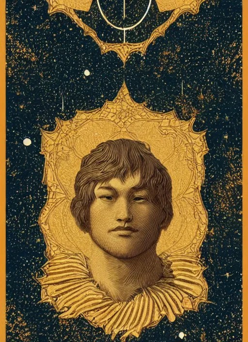 Prompt: a constellation card, about leo, high texture frosted background, fine pattern, rococo style, medieval style, by james jean and jung park, vertical line composition, center composition, parchment, cool, solemn, solemn, deep color, high precision, 4 k, wallpaper