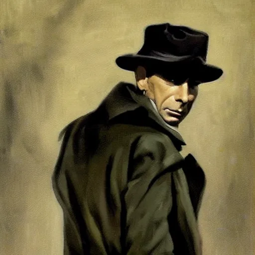 Image similar to “painting of Humphrey bogart as 1940s private eye, in trench coat and hat, noir atmosphere, by Robert McGinnis”