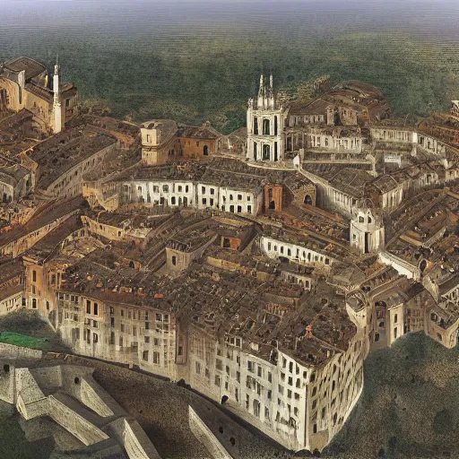 Prompt: Digital art of a large renaissance capital with a citadel, bird's eye view Marc Simonetti Peter Zumthor