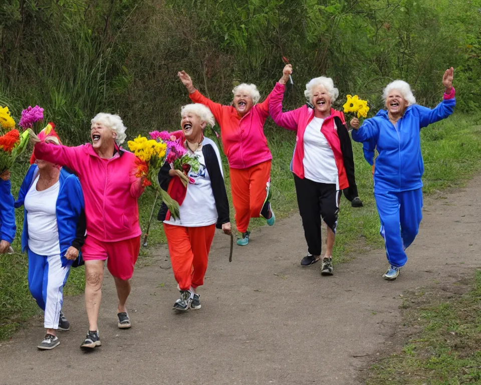 Image similar to a gang of old ladies waving machetes, and carrying flowers, and wearing Umbro track suits laughing maniacally and screaming