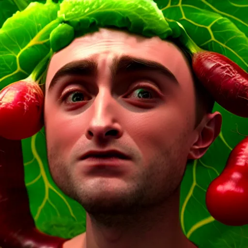 Image similar to hybrid of daniel radcliffe and a!! radish!!, film still,!! red skin!!,!! leaf ears!!, professional makeup, unreal engine 5, render, seeds, 8 k, trending on artstation