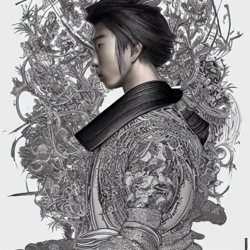 Image similar to the portrait of an unbelievably beautiful, elegant, sensual, and sophisticated young japanese samurai, an ultrafine detailed illustration by james jean, intricate linework, bright colors, final fantasy, behance contest winner, vanitas, angular, altermodern, unreal engine 5 highly rendered, global illumination, radiant light, detailed and intricate environment