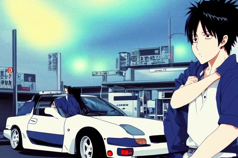 Prompt: very serious ryosuke takahashi with black hair wearing a dark blue shirt and white pants stands alone leaning on his white mazda rx 7 on an empty gas station, late evening sunset in japan, initial d anime 1 0 8 0 p, detailed anime face, high detail, 9 0 s anime aesthetic, volumetric lights, art by studio comet, pinterest wallpaper,