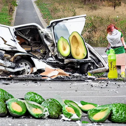 Image similar to avocado truck accident, people picking avocados from the road, highly detailed photograph