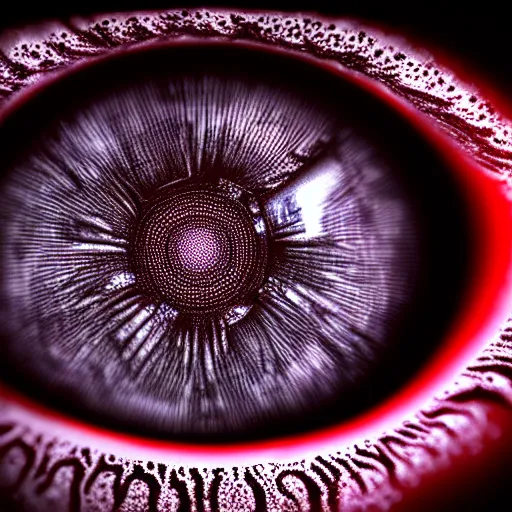 Image similar to a detailed extremely close up of inside the iris, cornea, red image, microscopic, extremely close up drawing by junji ito, cgsociety, generative art, lovecraftian, parallax, cosmic horror, extremely detailed, hyperrealism, unreal engine, octane render, award winning, masterpiece, highly detailed, realistic, 4 k, digital