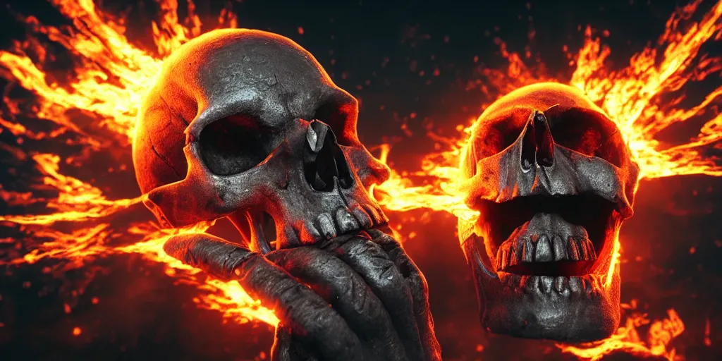 Image similar to Skull on fire with a middle finger , realistic 4k octane beautifully detailed render, 4k post-processing, highly detailed, intricate complexity, epic composition, magical atmosphere, cinematic lighting, masterpiece, ultra hd