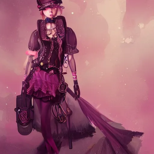Image similar to a pink hair girl dressed with inspirations from steampunk style, high detailed, digital art, trending on artstation, devianart, cgsociety