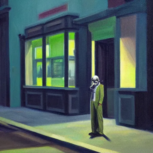 Prompt: a portrait painting of a lonely man with a skull as his head waiting for the bus at night, close up of the man, green dramatic and cinematic light from the streetlight, the sky is full of stars, in the style of edward hopper, 4 k,