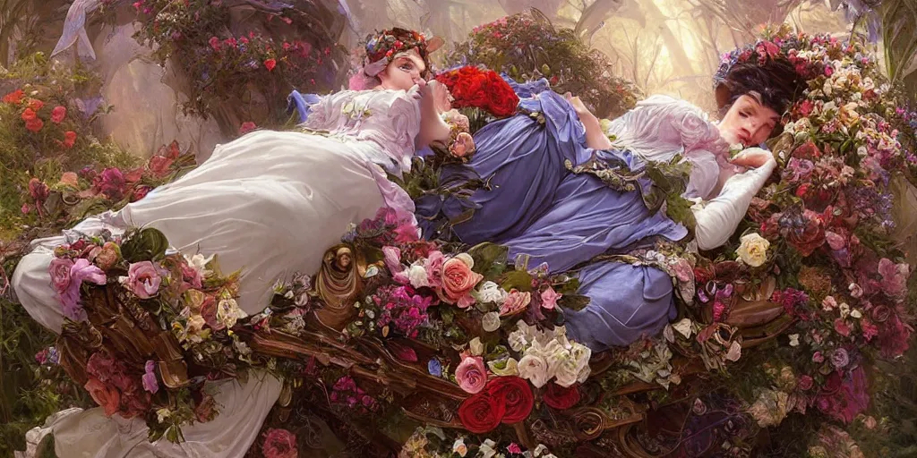 Image similar to an elaborate coffin with a mysterious sleeping beauty holding a large bouquet of flowing flowers,, fantasy, regal, intricate, by stanley artgerm lau, greg rutkowski, thomas kindkade, alphonse mucha, loish, norman rockwell