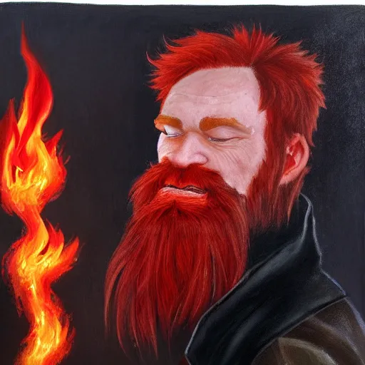 Image similar to grumpy young red haired man with red beard, wearing black coat, fire behind him, fire, fire mage, shooting fire, oil painting, fantasy artwork, fantastic artwork, 4 k, trending on artstation