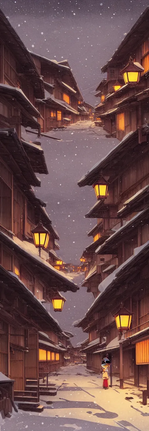 Image similar to empty rural japanese town at night, winter, in the style of studio ghibli, j. c. leyendecker, greg rutkowski, artem