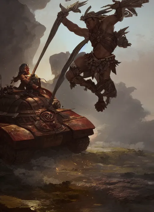 Prompt: portrait of a filipino gladiator sitting on a tank, d & d, heartstone, digital painting, volumetric light, intricate, sharp, focus, bloom, illustration, highly detailed, concept art, matte, ruan jia, randy vargas, greg rutkowski