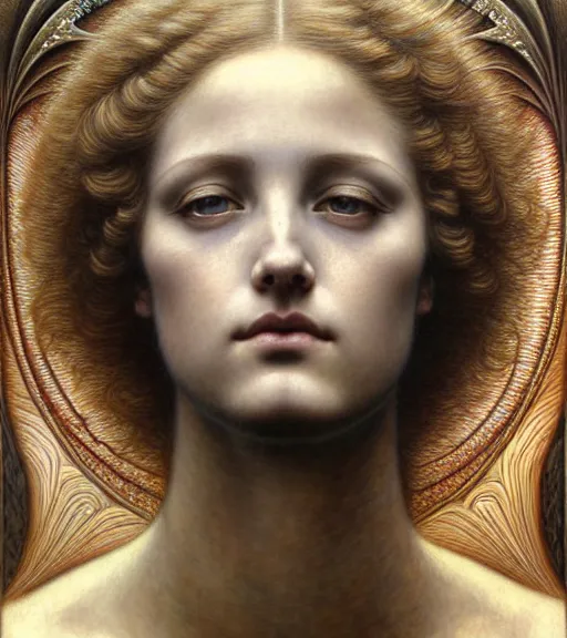 Prompt: detailed realistic beautiful young jessica lang as queen of jupiter face portrait by jean delville, gustave dore and marco mazzoni, art nouveau, symbolist, visionary, gothic, pre - raphaelite. horizontal symmetry by zdzisław beksinski, iris van herpen, raymond swanland and alphonse mucha. highly detailed, hyper - real, beautiful