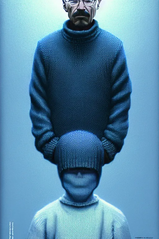 Prompt: portrait of a walter white as sapphire herald in an elegant winter sweater, by makoto shinkai, by akihiko yoshida, by zdzislaw beksinski, by dariusz zawadzki, artbook, tone mapped, deep blues, shiny, soft lighting