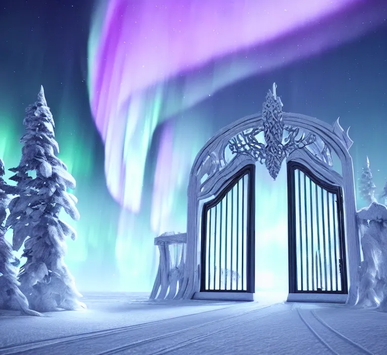 Image similar to a very detailed concept art of intricate and scandinavian white gates to aurora borealis infused with magic, dynamic lighting trending on artstation, symmetry, digital art, 4 k, hyper realistic, octane render, sharp focus