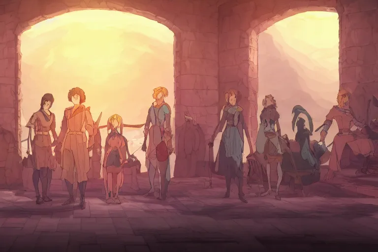 Prompt: cell shaded key visual of a group of adventurers in the throne room of the demon king, dramatic lighting, in the style of studio ghibli, moebius, makoto shinkai,