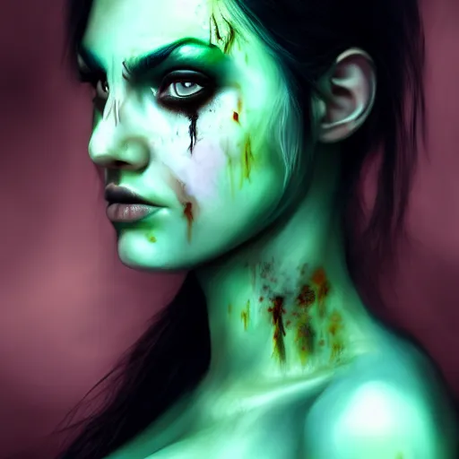 Image similar to photorealistic portrait of beautiful zombie girl, black hair, blue eyes, smooth face, perfect eyes, half body shot, elegant, realistic, glowing skin, detailed face, green colours, sharp focus