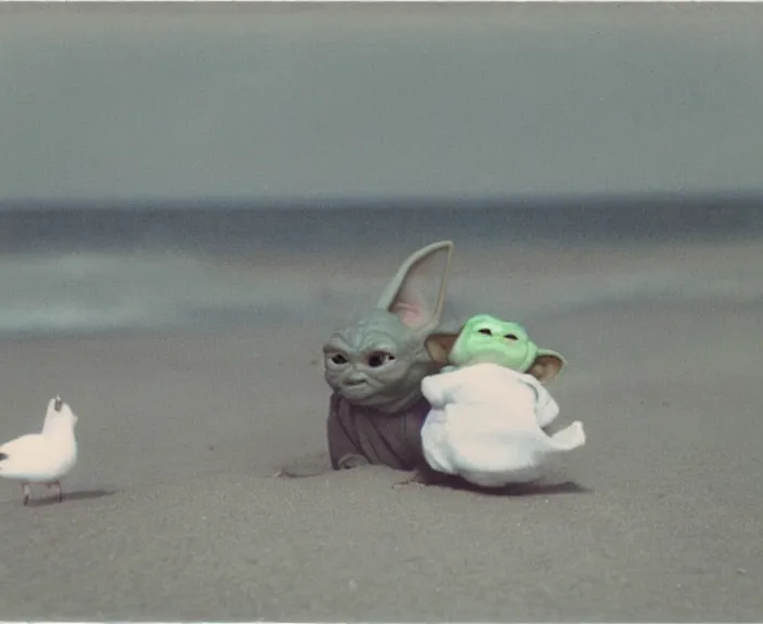 Prompt: polaroid photograph of a very detailed baby yoda!!. grogu. at the beach next to a big seagull!!!!. photo by martin parr and annie lebovitz. 2 4 mm lens