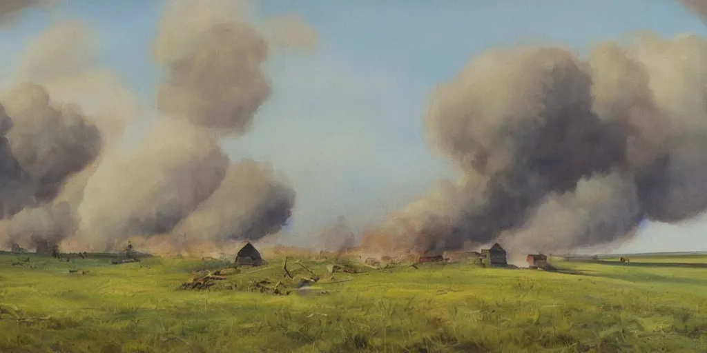 Image similar to an eastern front battlefield landscape, summertime, ruined house, artillery craters, distant smoke column on the horizon, oil painting in the style of peredvizhniki