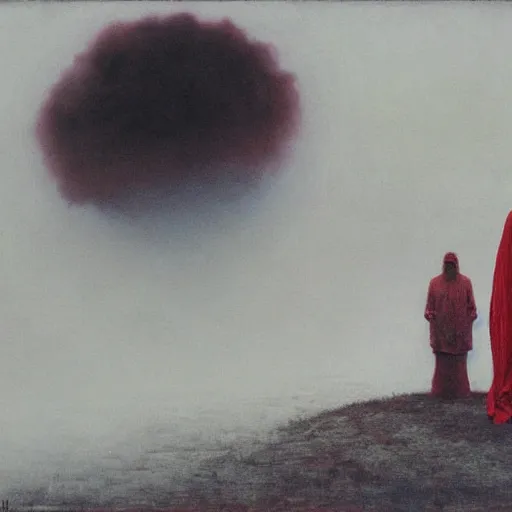 Prompt: a lonely man curled up with black smoke coming out of him, on a white snowy post apocalyptic field, surronded by floating red female heads, painting by beksinski