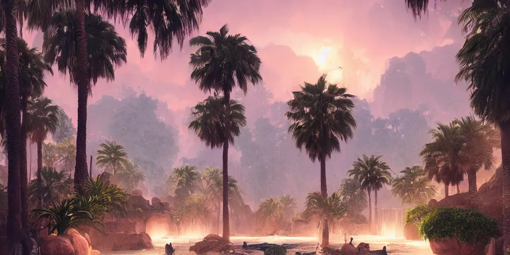 Image similar to beautiful oasis waterfalls surrounded by palm trees moroccan tile archways, date trees, ivory towers sunset peter morbacher ross tran angelarium greg rutkowski alchemy luxury heavenly light soft illumination, trending on artstation cinematic lighting digital painting octane render, artgerm