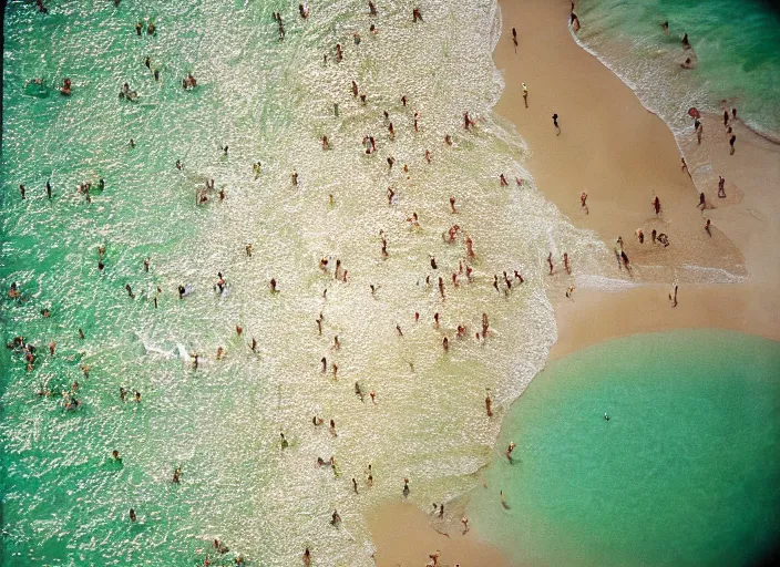 Prompt: close-up color film photography 1970s, aerial view of the beach with a lot of people, soft focus, golden hour, soft light, 35mm, film photo, Joel Meyerowitz