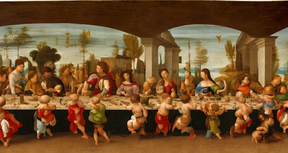 Prompt: a Renaissance painting in the style of Leonardo da Vinci of a symmetrical long table. A group of babies and toddlers are sitting at the table