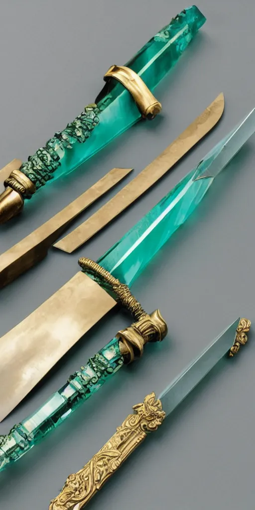 Image similar to photograph of a wide green and teal crystal double - edged sword blade attached to a big gold sword hilt