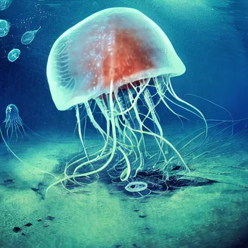 Image similar to underwater photograph of a jellyfish carrying a human skull with its tentacles on shallow waters, strange, hyper detailed, fractal, mutant, tendrils, tentacles, glowing, tropical, crystal waters, reef