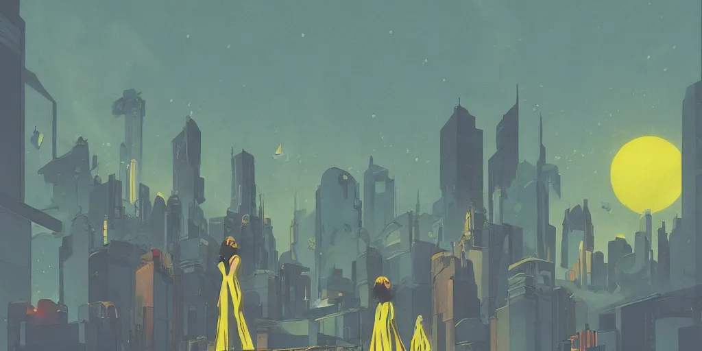 Image similar to sci - fi, matte gouache illustration, gigantic woman speaking to floating cats in the air, cubes of ice around, a lot of tears, people crying, ominous, style by moebius. yellow colors