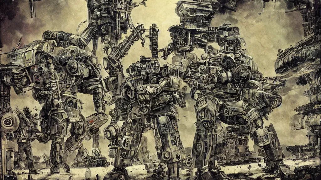 Image similar to Soviet mechs in the style of Norman Rockwell, sci-fi illustrations, highly detailed, intricate, photorealistic, award-winning, patriotic, soviet, ussr, dark, gritty, ink