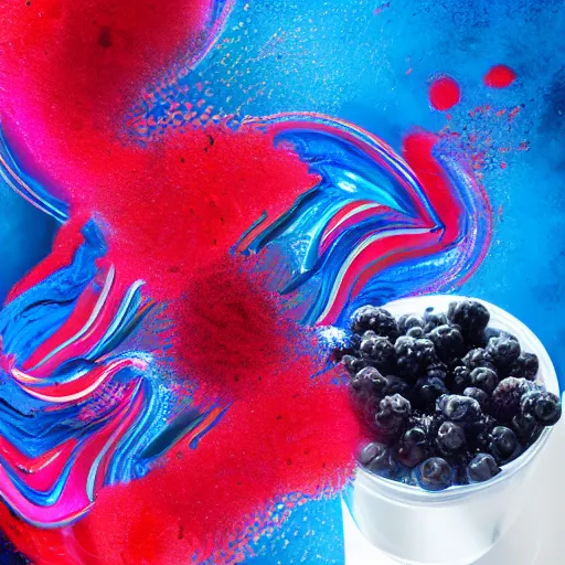 Image similar to raspberry, blueberry, vanilla smoothie explosion, intricate complexity, inverted neon red white and blue drip paint, psychedelic glitch art, trending on art station, photoreal, 8 k, octane render