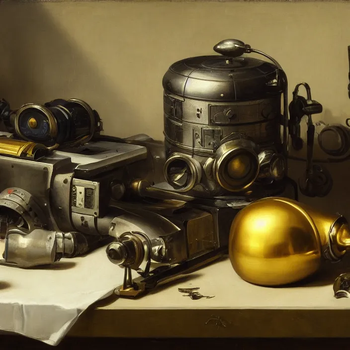 Image similar to still life painting of cyberpunk technology by pieter claesz, oil on canvas, strong lighting, highly detailed, hyper realism, golden hour, god rays, hd, 4 k