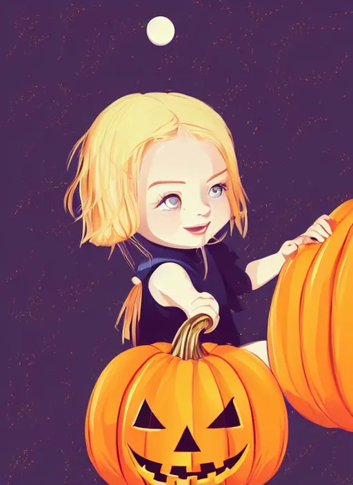 Prompt: little girl with golden blonde hair holding a halloween pumpkin. clean cel shaded vector art. shutterstock. behance hd by lois van baarle, artgerm, helen huang, by makoto shinkai and ilya kuvshinov, rossdraws, illustration, art by ilya kuvshinov