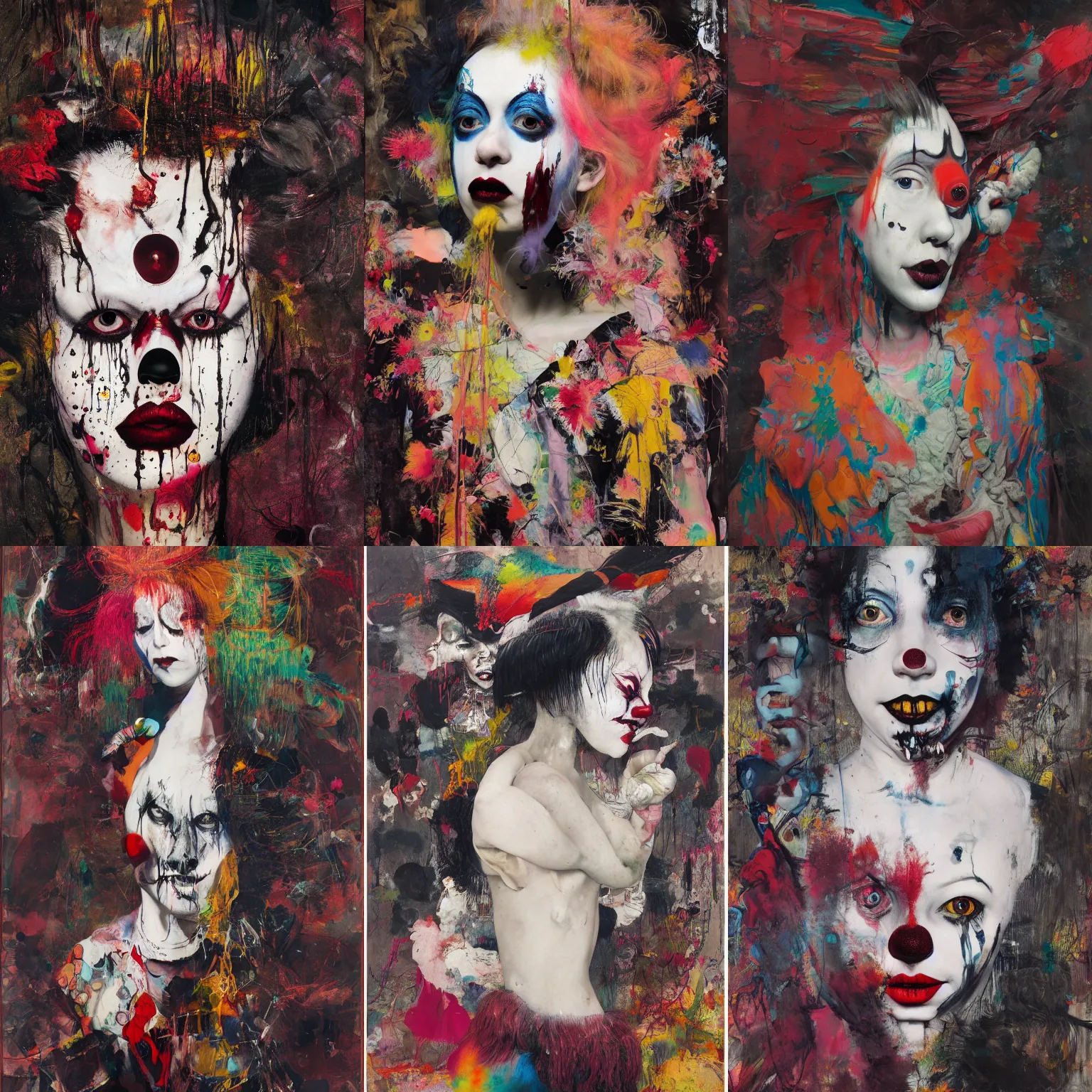 Image similar to clown girl, gothic, rich deep colours, painted by francis bacon, adrian ghenie, james jean and petra cortright, part by gerhard richter, part by takato yamamoto. 8 k masterpiece