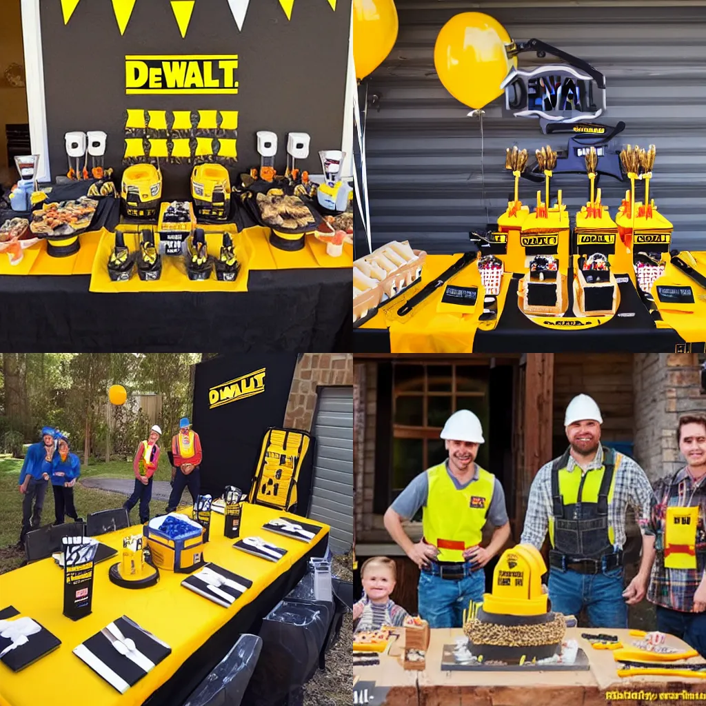 Prompt: a dewalt themed birthday party with everyone dressed as construction workers, 4k, realism, photorealistic, detailed, dewalt, power drills