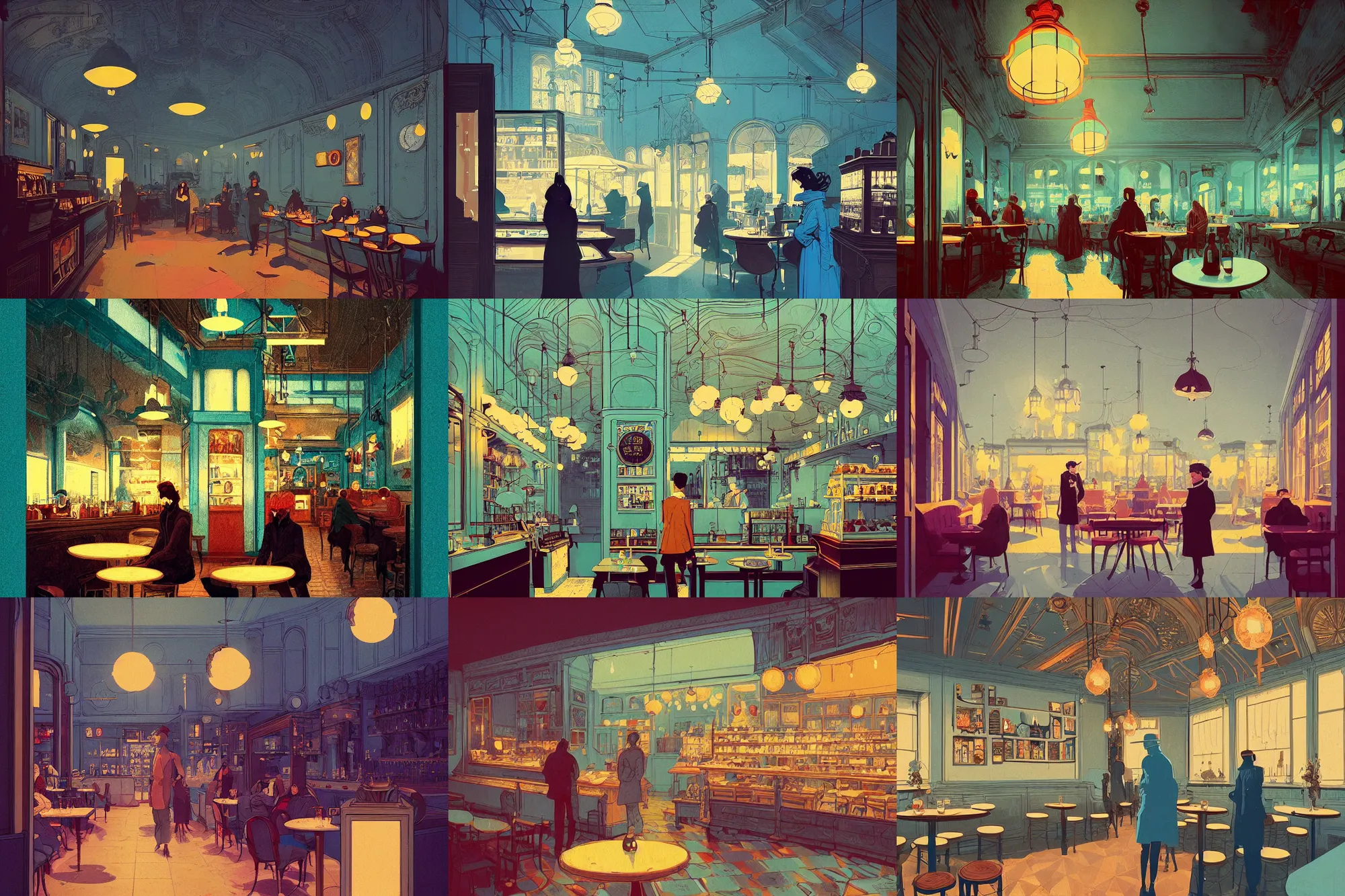 Prompt: illustrated portrait of a victorian cafe interior, colorful, ( ( mads berg ) ), christopher balaskas, ( ( victo ngai ) ), rich grainy texture, detailed, dynamic composition, light blue filter, wide angle, grainy lights, high contrast, dark tint