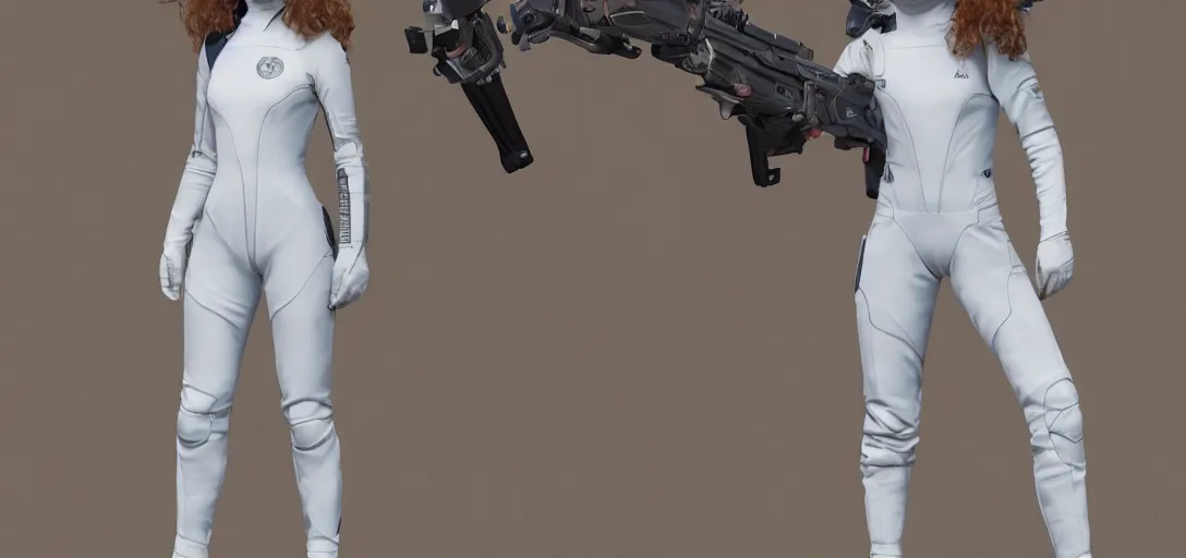 Image similar to character sheet concept art of sadie sink in a skintight white spacesuit, realistic, hyperrealistic, photographic, costume, wlop, dan mumford, greg rutkowski, high detail, octane render, alexander mcqueen, james gurney, james jean, mucha, photo, 8 k, intricate