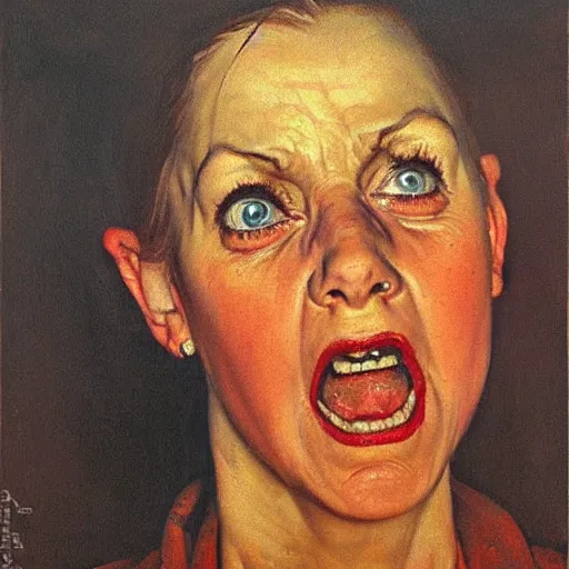 Prompt: Front portrait of an angry woman in the dark with eyes that literally glow. A painting by Norman Rockwell.