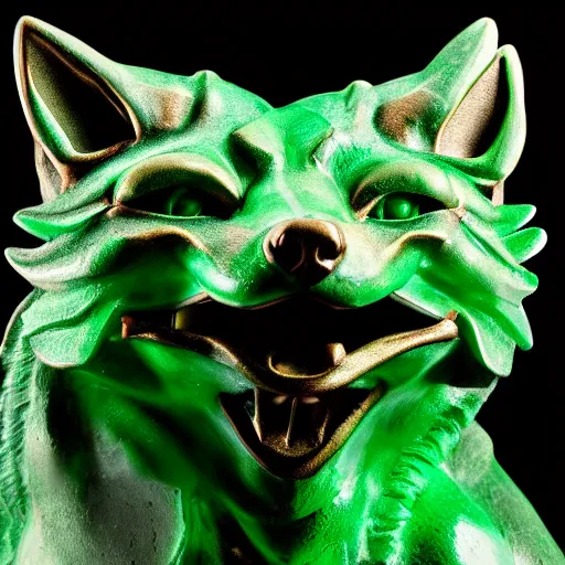 Image similar to Portrait photography of a terrifying Emerald fox sculpture