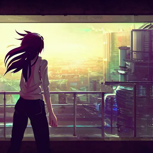 Prompt: android mechanical cyborg anime girl overlooking overcrowded urban dystopia. long flowing hair. gigantic future city. pitch black night. raining. makoto shinkai. wide angle. distant shot. dark and dreary.