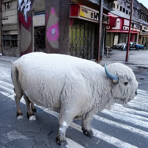 Image similar to a buffalo covered in flour in the middle of the street, graffiti art