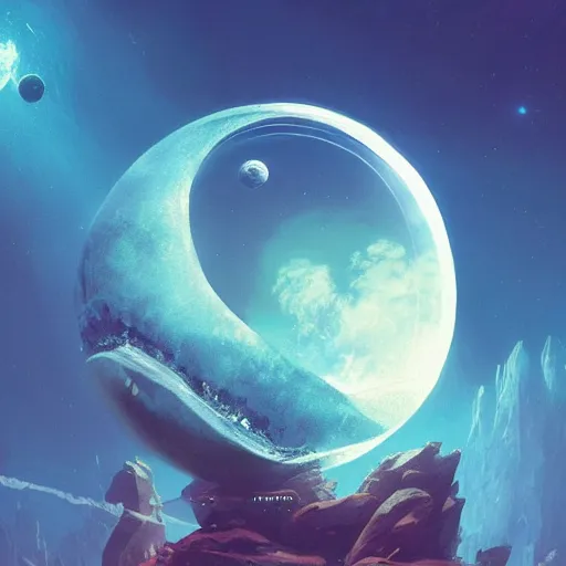 Image similar to a sphere aquarium full of fish inside it. the aquarium is floating in space, in the size of a planet. the moon is in the background. illustration, digital art, realistic, pixar style, by greg rutkowski and ash thorp, vivid colors, detailed, trending on artstation, high quality, cinematic, rule of thirds