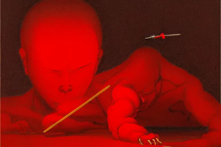 Image similar to only with red, a red samurai do seppuku, tokio, a lot of frogs watch, in the style of beksinski, parts by edward hopper, parts by rodcenko, parts by yue minjun, intricate and epic composition, red by caravaggio, insanely quality, highly detailed, masterpiece, red light, artstation, 4 k